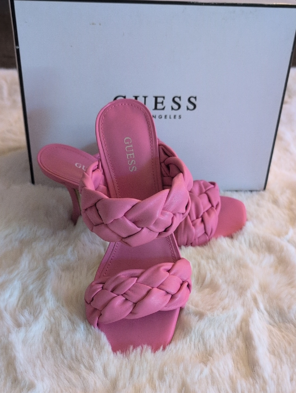 GUESS The Harlie Sandals Braided Pink Slide Heels for Women